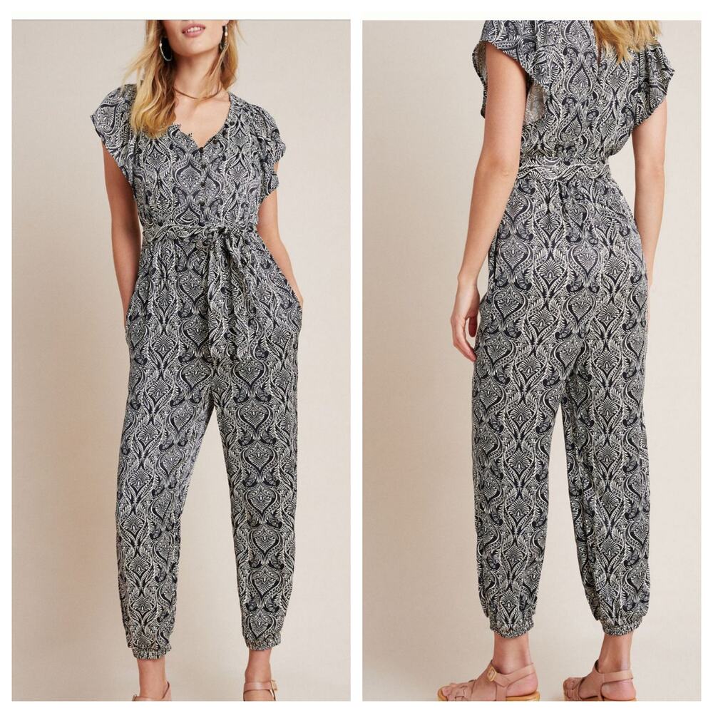 Anthropologie Jumpsuit Zadie Black Multi Floral Tropical Satin New